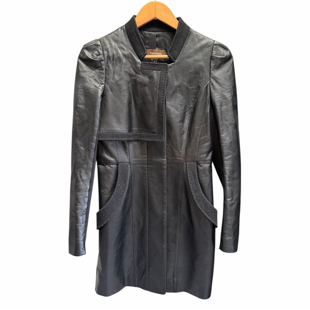 Danier Black Leather Longline Button Down Jacket Size XS